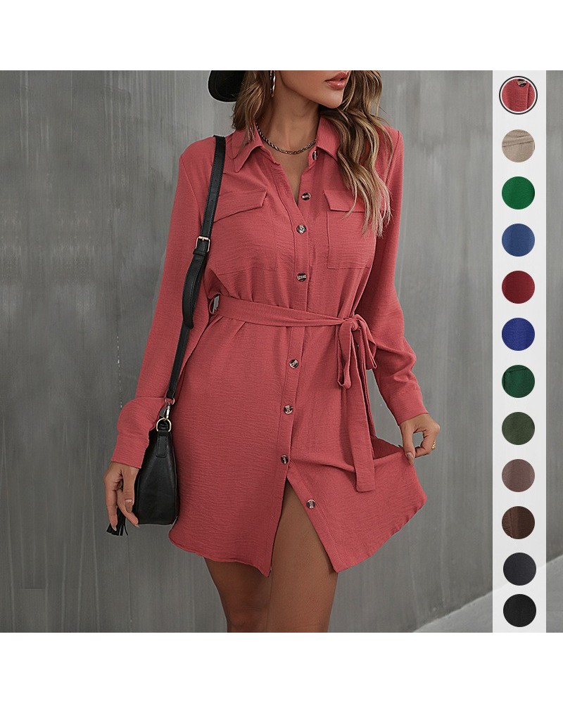 Vestido camisero francés con solapa de manga larga rojo de moda de principios de otoño $31.59 Vestido