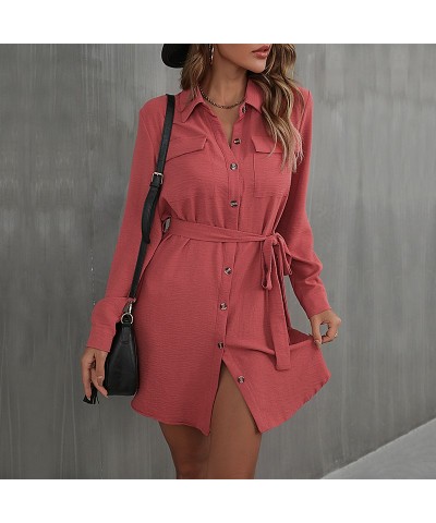 Vestido camisero francés con solapa de manga larga rojo de moda de principios de otoño $31.59 Vestido