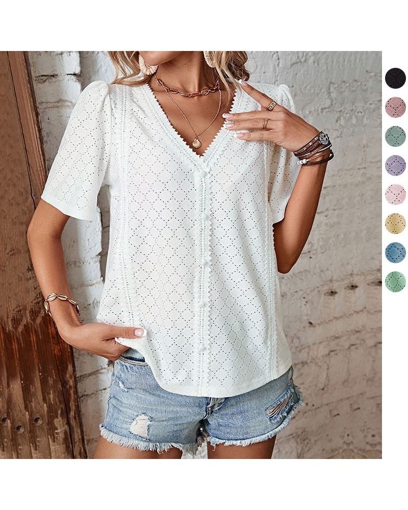 Elegante blusa blanca de manga corta $24.88 Camisa de mujer