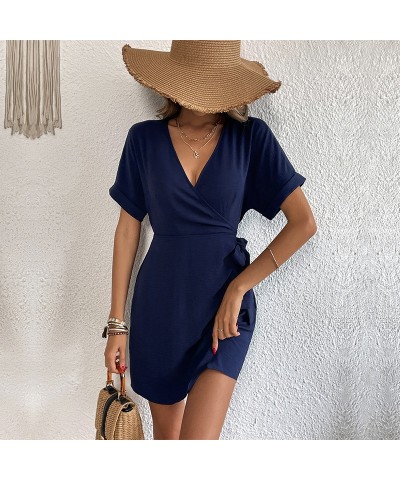 Vestido cruzado de una pieza de color liso con cuello en V de verano $27.85 Vestido