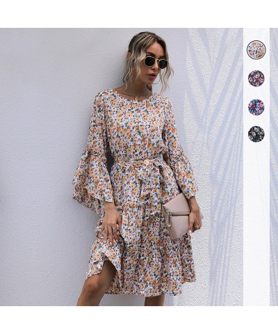 Vestido floral de manga larga con cordones y estampado de cuello redondo para otoño e invierno. $33.80 Vestido