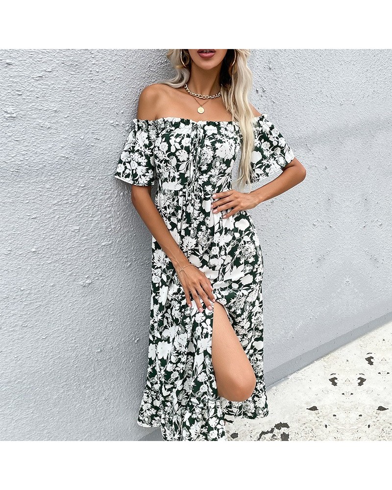 Vestido de un solo hombro estampado, manga corta, longitud media y corte entallado en la cintura $44.59 Vestido