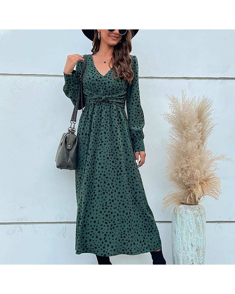 Elegante vestido largo verde con estampado de leopardo y manga larga $33.12 Vestido