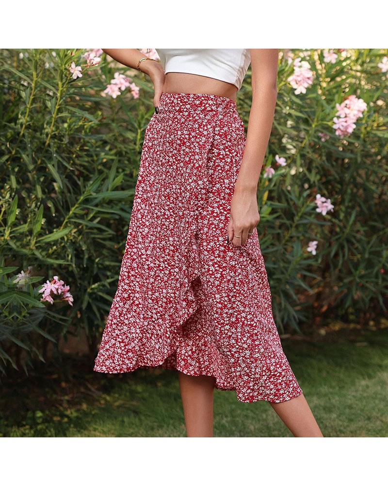 Falda floral de moda de verano falda irregular estampada roja $26.68 Falda de medio cuerpo