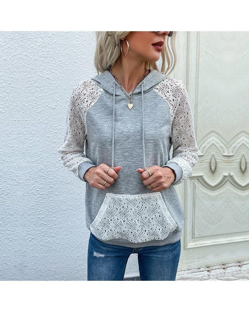 Sudadera con capucha y patchwork de encaje $30.89 Suéteres y suéteres para mujeres