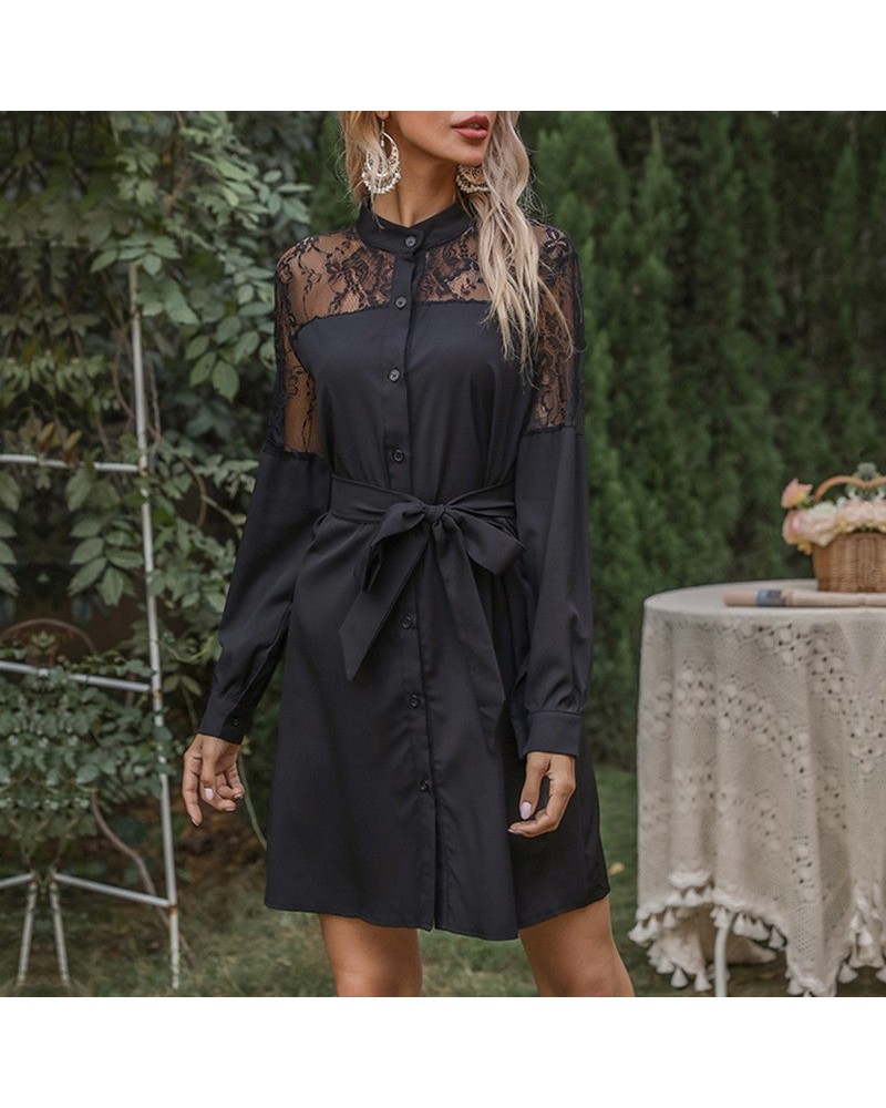 Vestido de encaje de manga larga negro estilo retro $37.67 Vestido