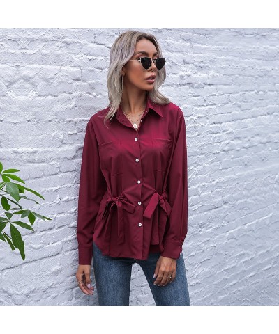 Camisa roja de manga larga con solapa con tiras en la cintura y corte slim de color liso $32.60 Camisa de mujer