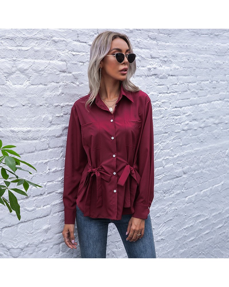 Camisa roja de manga larga con solapa con tiras en la cintura y corte slim de color liso $32.60 Camisa de mujer