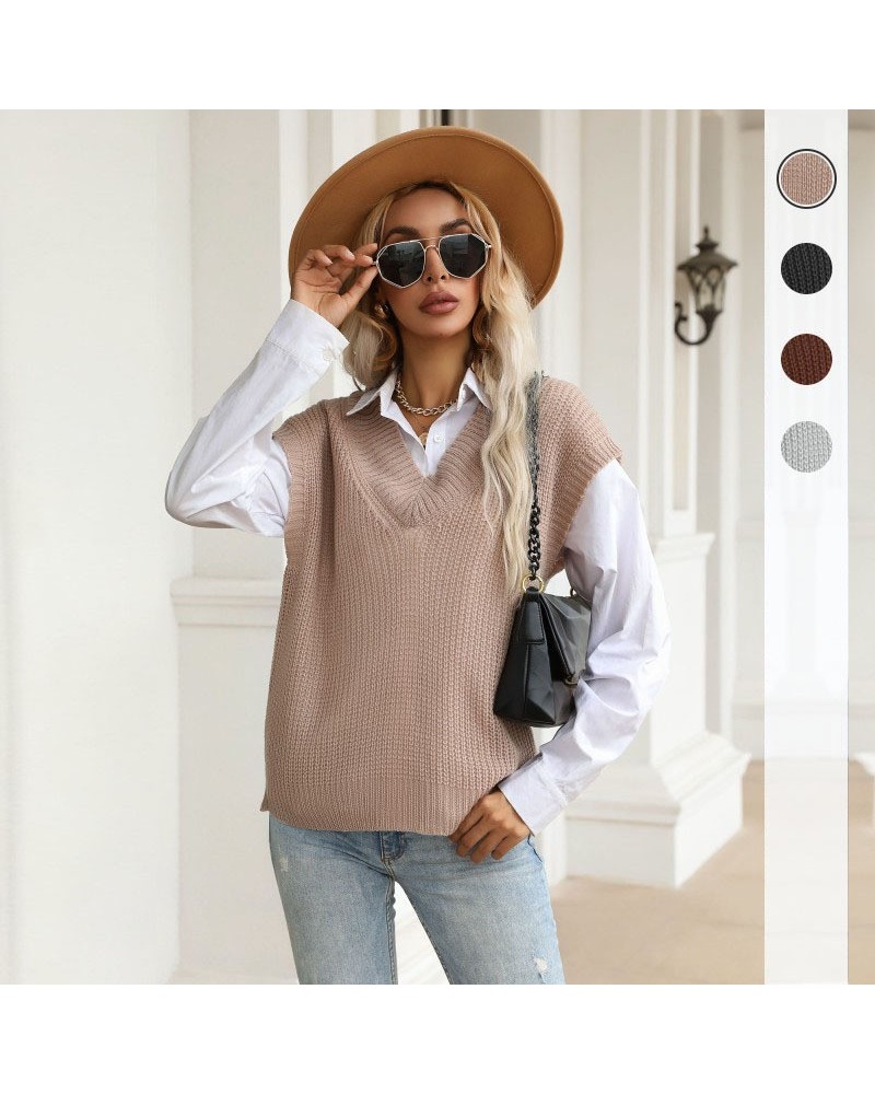 Suéter de punto con cuello en V de color liso de moda $34.48 Suéter femenino