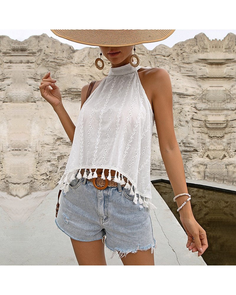 Top halter blanco con borlas $25.27 Camiseta femenina