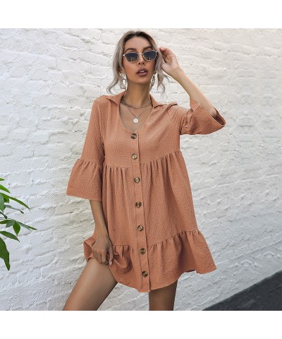 Vestido babydoll de manga cinco cuartos con solapa de color sólido suelto a la moda $32.60 Vestido