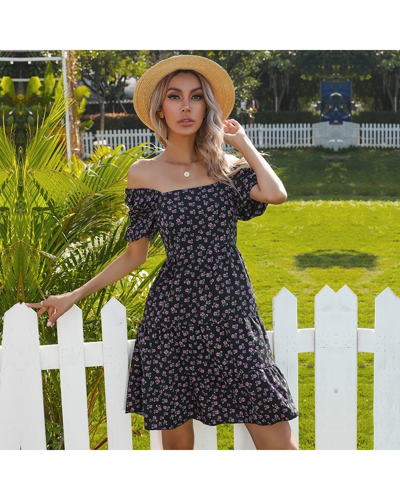 Falda floral francesa vestido de un solo hombro plisado hongo negro $32.21 Vestido