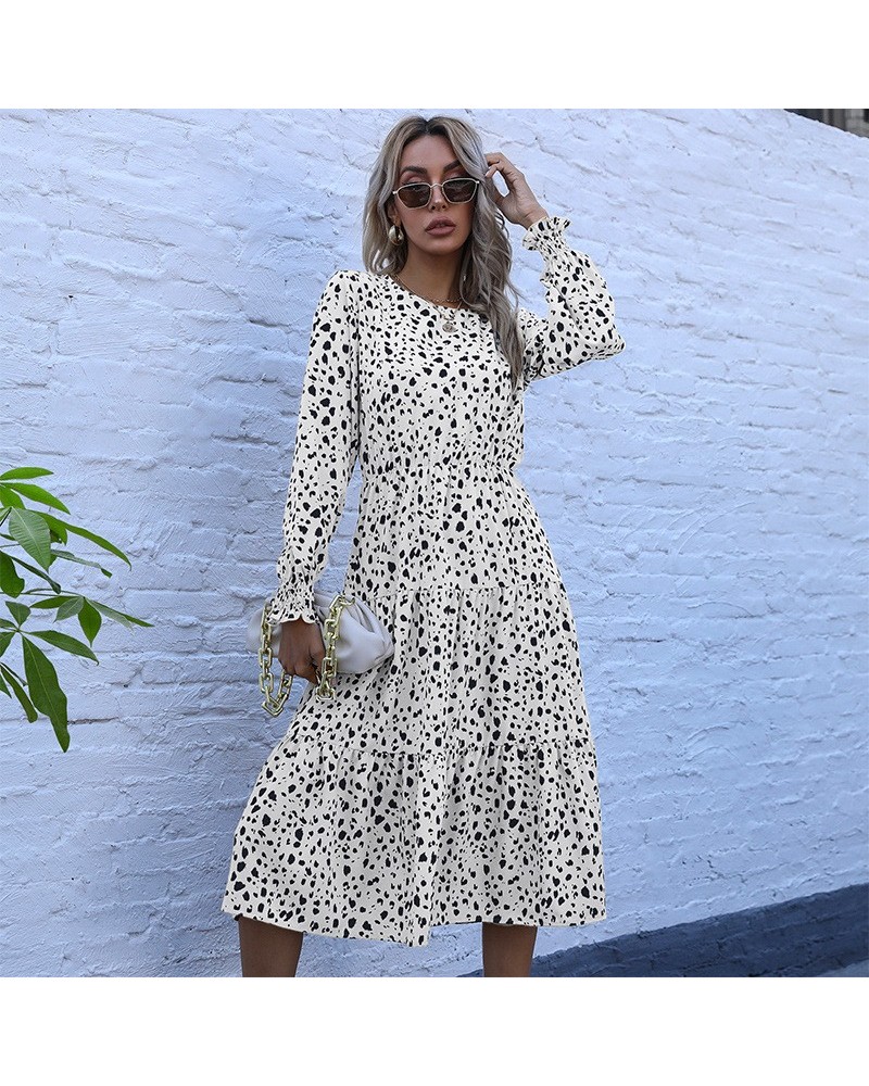 Vestido retro ajustado de manga larga con estampado de leopardo y largo medio $34.09 Vestido