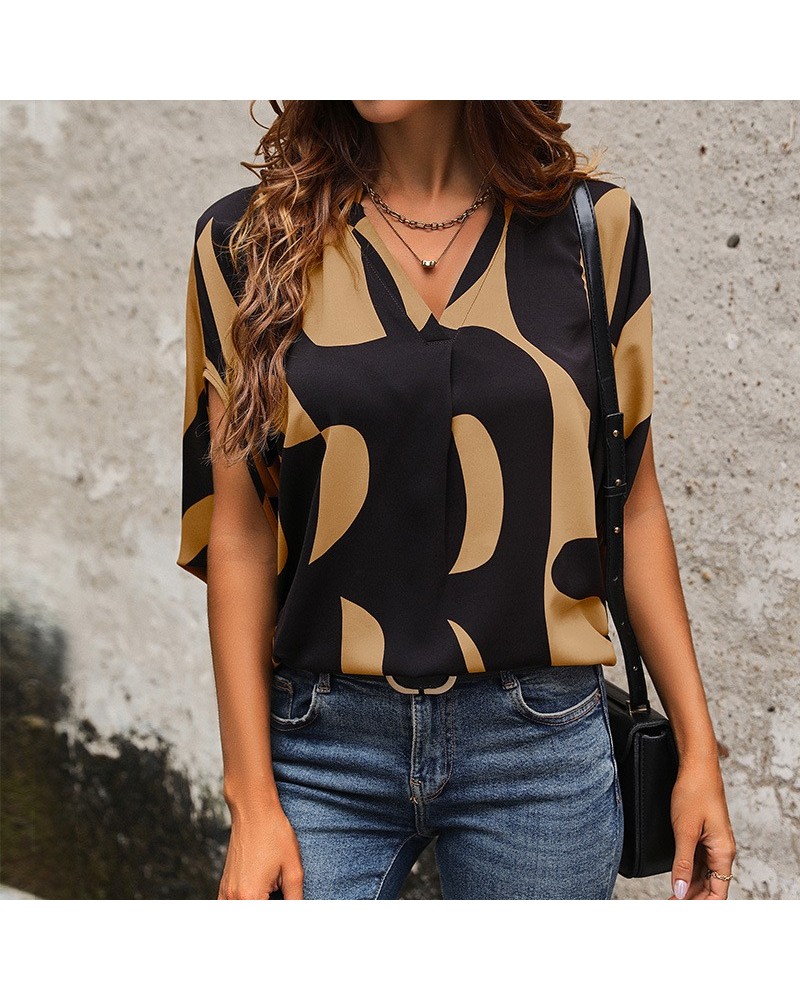 Camisa estampada con cuello en V y manga corta $24.57 Camisa de mujer