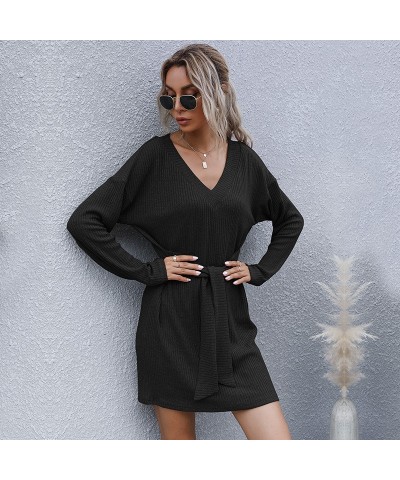 Vestido suéter de punto con cuello en V de color sólido y manga larga corta $26.36 Suéter femenino