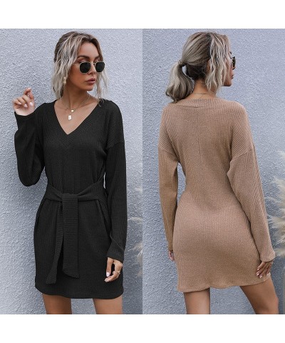 Vestido suéter de punto con cuello en V de color sólido y manga larga corta $26.36 Suéter femenino