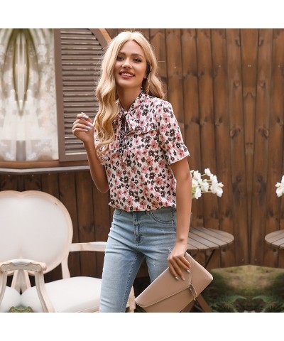 Camisa floral holgada con lazo estampado y top de manga corta $29.60 Camisa de mujer