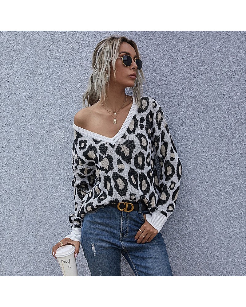 Jersey de punto con estampado de leopardo y cuello en V de manga larga $43.76 Suéter femenino