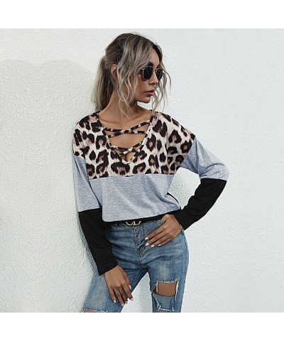 Camiseta de retales con estampado de leopardo, top holgado de manga larga con cuello cuadrado a la moda para mujer $26.01 Cam...