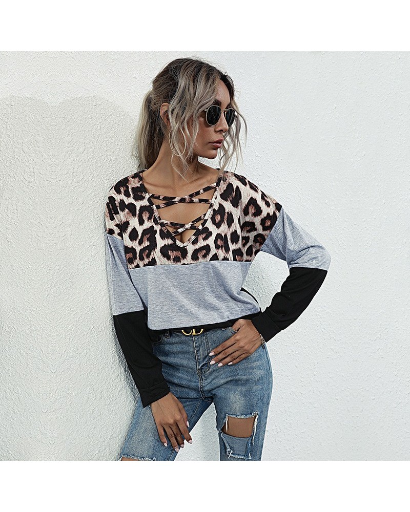 Camiseta de retales con estampado de leopardo, top holgado de manga larga con cuello cuadrado a la moda para mujer $26.01 Cam...