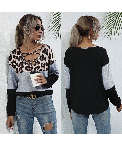 Camiseta de retales con estampado de leopardo, top holgado de manga larga con cuello cuadrado a la moda para mujer $26.01 Cam...