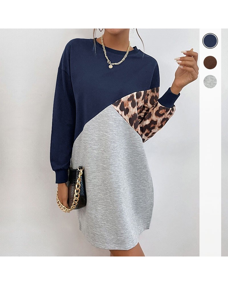 Vestido sudadera con estampado de leopardo de manga larga de moda $29.64 Vestido