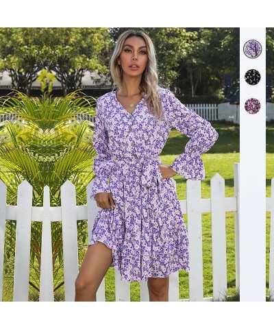 Vestido floral de manga larga plisado con cuello en V de moda para otoño e invierno $26.36 Vestido