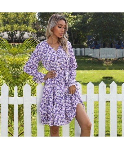 Vestido floral de manga larga plisado con cuello en V de moda para otoño e invierno $26.36 Vestido