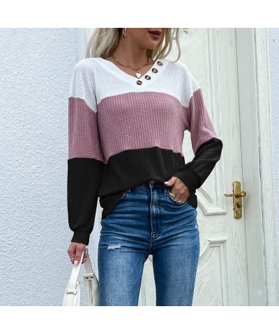 Jersey de manga larga con cuello en V y bloques de color para primavera y otoño $30.06 Suéter femenino