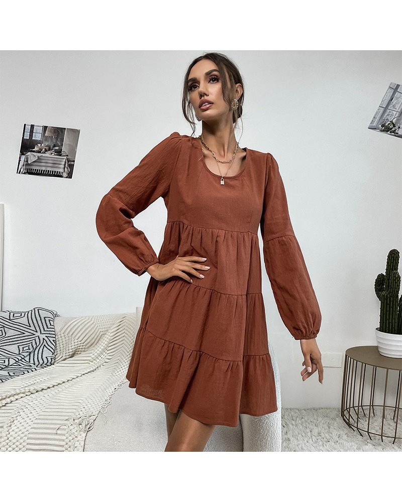 Vestido corto de manga larga de color sólido de moda $33.49 Vestido