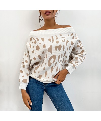 Suéter de un solo hombro con hombros descubiertos y manga larga con estampado de leopardo de punto de moda $38.61 Suéter feme...