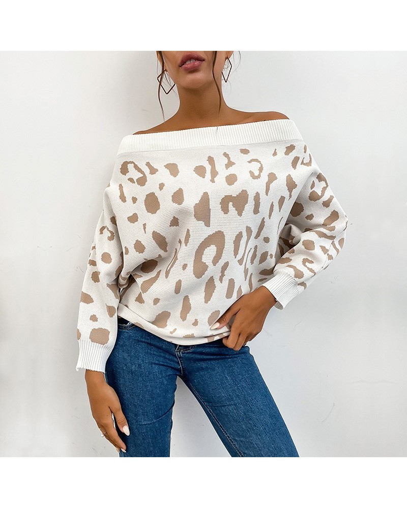 Suéter de un solo hombro con hombros descubiertos y manga larga con estampado de leopardo de punto de moda $38.61 Suéter feme...