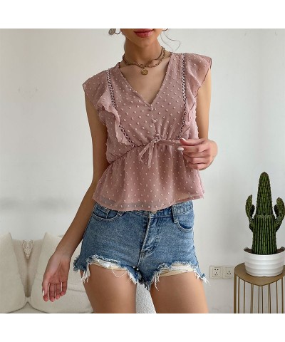 Camisa de gasa de manga corta con cintura ajustada y color liso con patchwork de volantes $38.32 Camisa de encaje y camisa de...