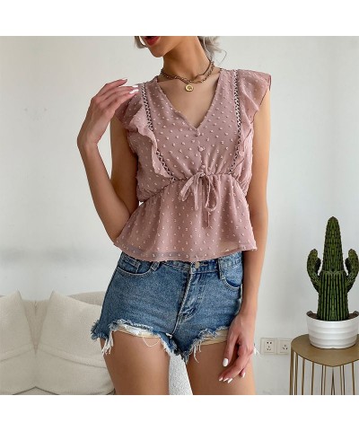 Camisa de gasa de manga corta con cintura ajustada y color liso con patchwork de volantes $38.32 Camisa de encaje y camisa de...