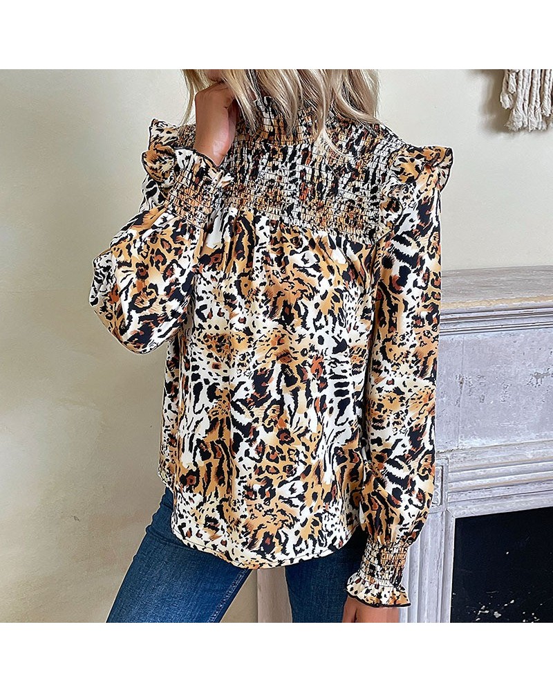 Elegante camisa de manga larga con estampado de leopardo $28.08 Camisa de mujer