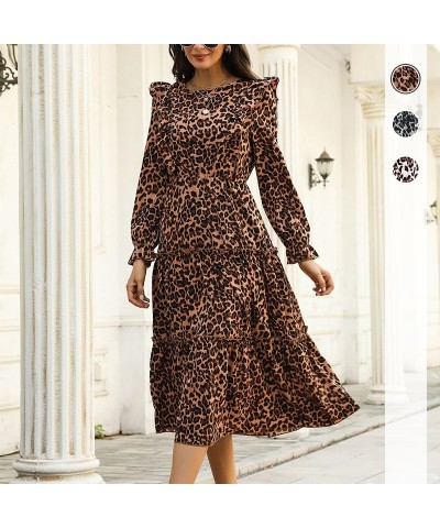 Vestido de manga larga con volantes y estampado de leopardo vintage de longitud media $33.12 Vestido