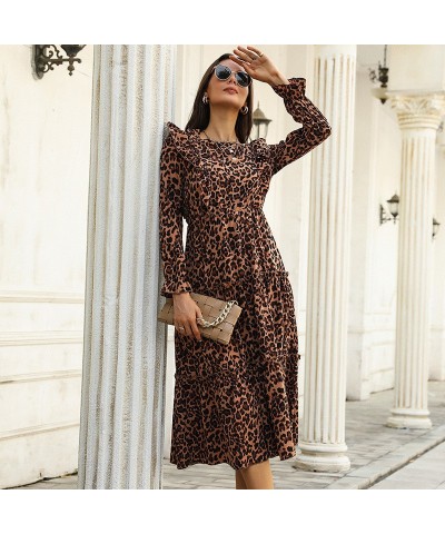 Vestido de manga larga con volantes y estampado de leopardo vintage de longitud media $33.12 Vestido