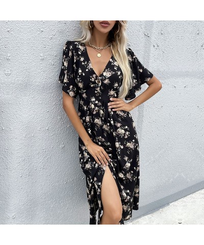 Vestido francés estampado de manga corta negro de largo medio Vacation $33.15 Vestido