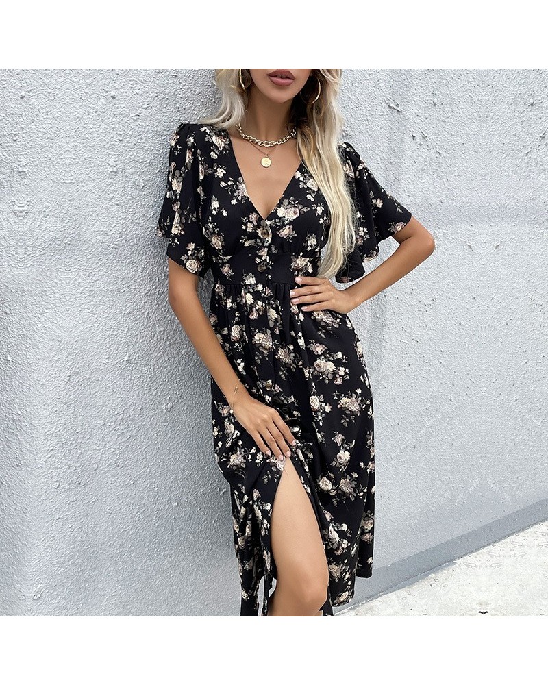 Vestido francés estampado de manga corta negro de largo medio Vacation $33.15 Vestido