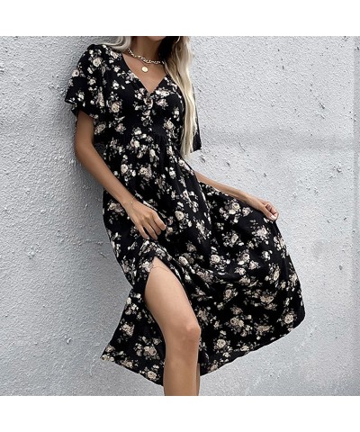 Vestido francés estampado de manga corta negro de largo medio Vacation $33.15 Vestido