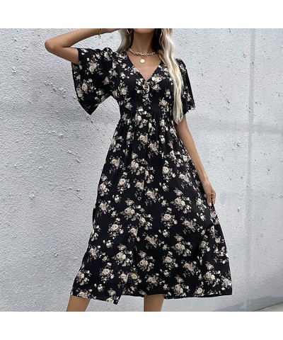 Vestido francés estampado de manga corta negro de largo medio Vacation $33.15 Vestido