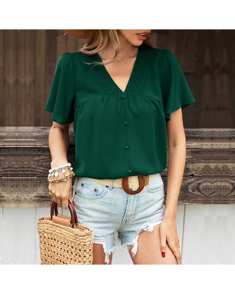 Elegante camisa plisada de color liso $29.61 Camisa de mujer