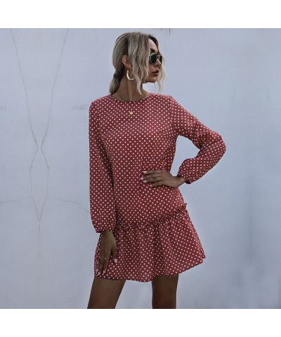 Vestido retro de manga larga con lunares sueltos y cuello redondo $29.95 Vestido