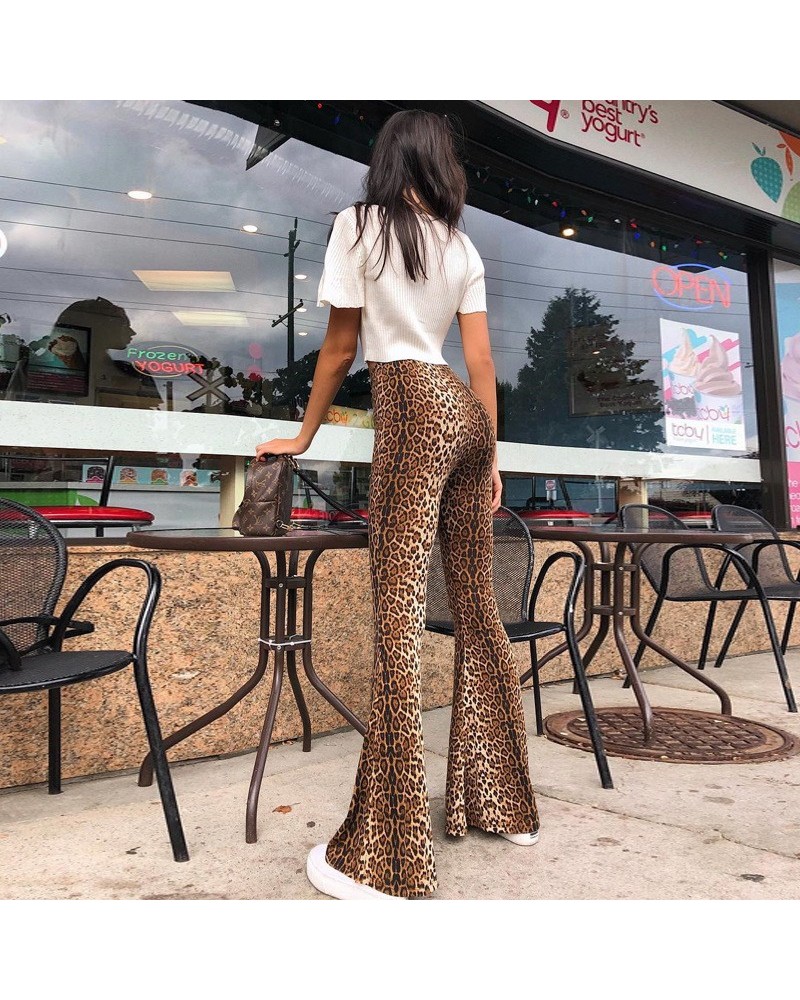 Pantalón acampanado elástico de cintura alta con estampado de leopardo para mujer $25.30 Pantalones casuales