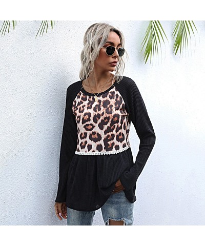 Elegante suéter ajustado negro con estampado de leopardo de manga larga y retazos $23.87 Suéter femenino