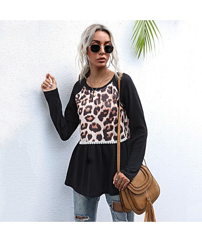 Elegante suéter ajustado negro con estampado de leopardo de manga larga y retazos $23.87 Suéter femenino