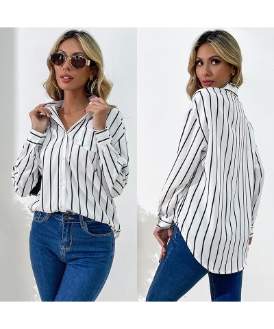 Camisa a rayas blancas con solapa holgada y ropa de negocios. $30.13 Camisa de mujer