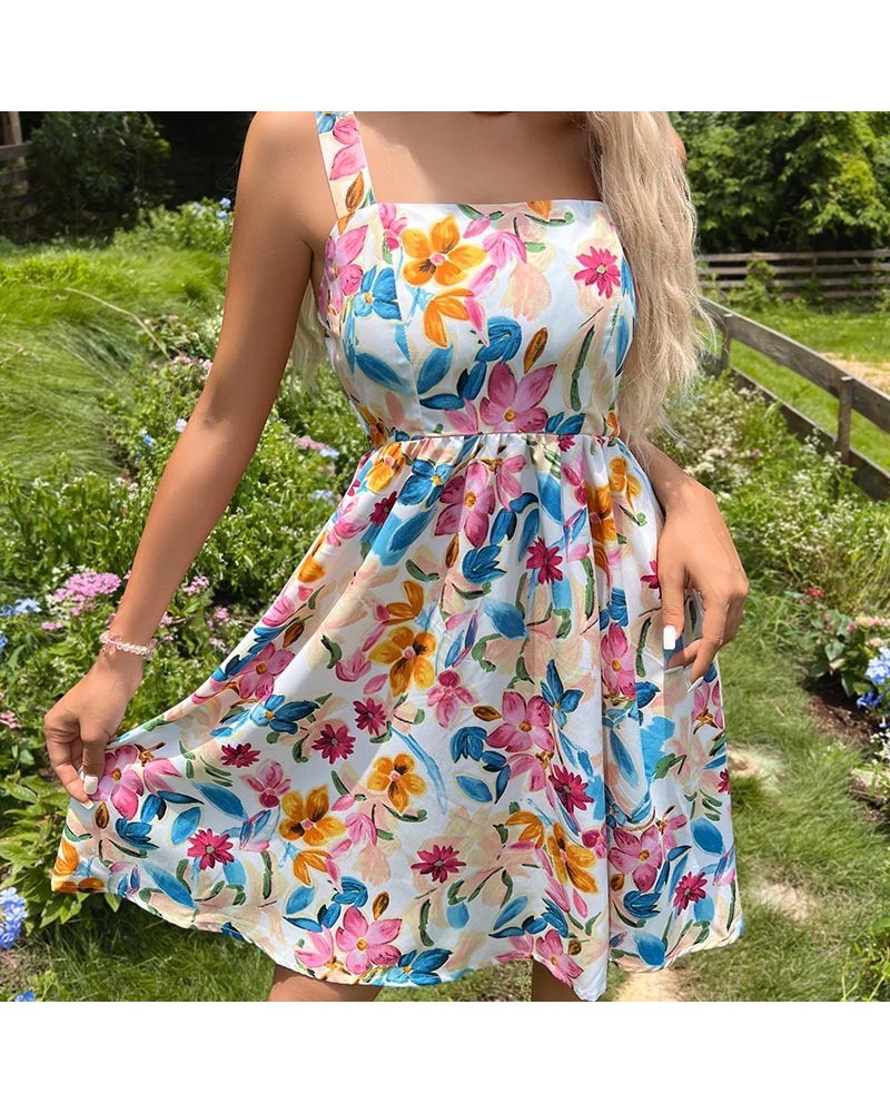 Vestido estampado con diseño de falda con tirantes franceses. $33.97 Vestido