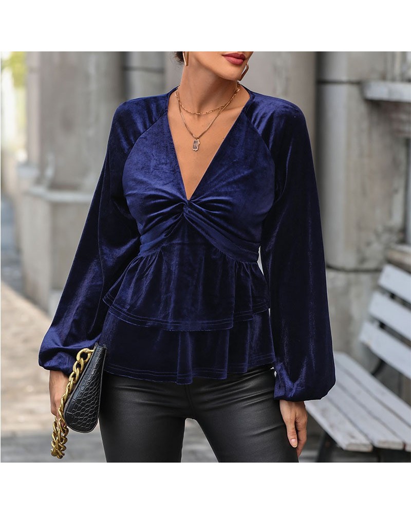 Top de terciopelo con cuello en V de color sólido de moda $26.87 Camisa de mujer