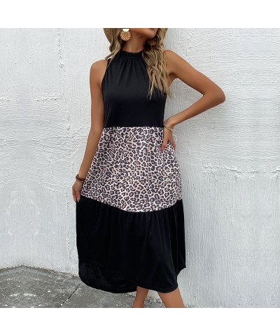 Vestido de patchwork con estampado de leopardo, sin mangas, corte entallado y cuello halter $34.94 Vestido